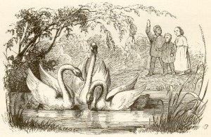 Ilustración de tres cisnes en un lago junto a una familia parada en la orilla