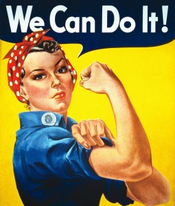 Famoso Poster antiguo de ilustración de una mujer con un pañuelo rojo sobre su cabeza, flexionando su brazo, con la leyenda "We can do it!" (nosotras podemos hacerlo)