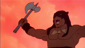 Captura de pantalla de la película animada de 1983: Fire and Ice, que muestra un cavernicola guerrero con un hacha